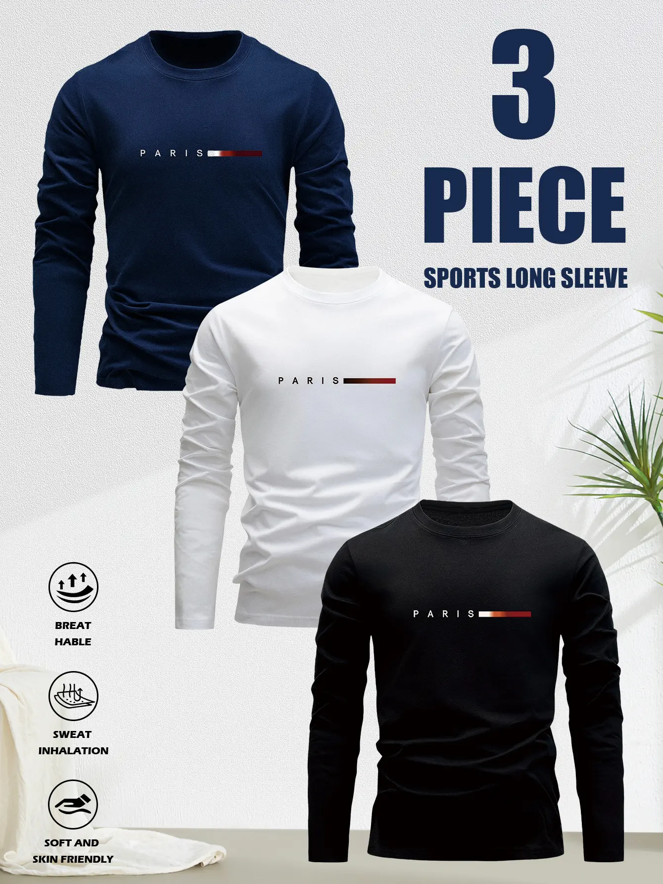 3-Pack Men's T-Shirts, Casual Long Sleeve Round Neck Tops with Letter Pattern, Menswear Outdoor Set, Tshirt
