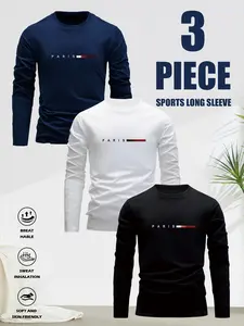 Men's 3-pack Long-sleeve T-shirts With Letter Patterns, Round Neck, Casual Tops