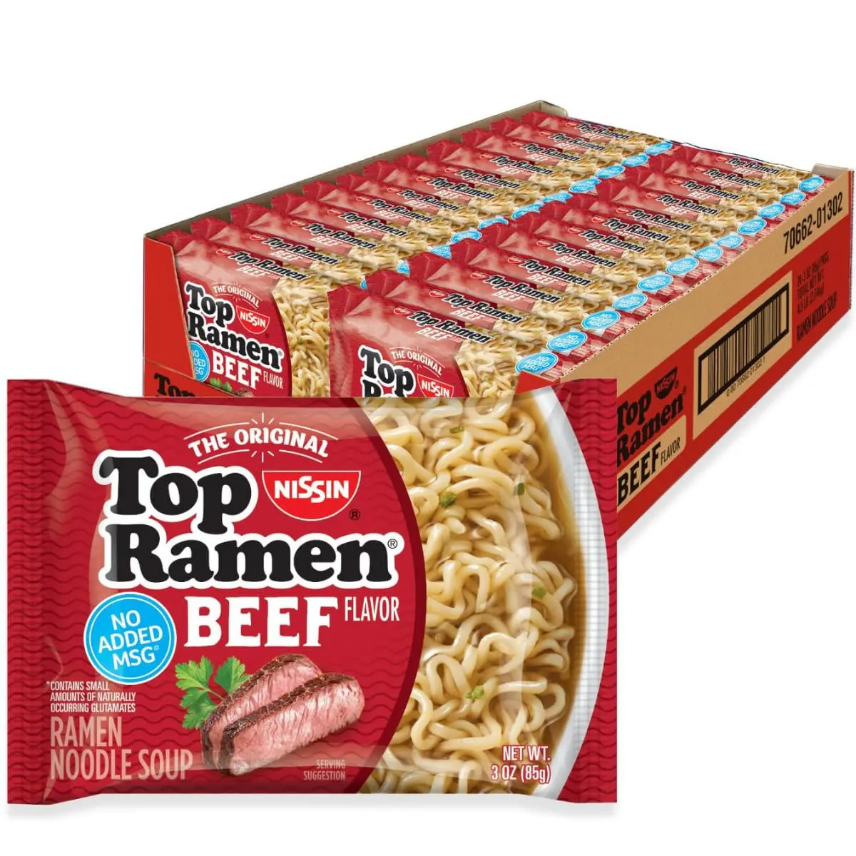 Nissin Top Ramen Beef Flavor Instant Noodle Soup, 3 oz Packs (Pack of 24)