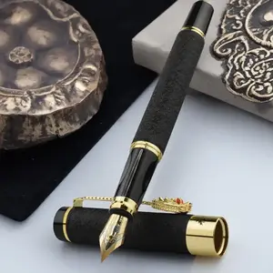 Luxury Dragon Pattern Crystal Diamond Fountain Pen Business Signature Pen Metal Gift Box Packaging Non-Slip Dragon Scale Grip Replaceable Ink Cartridges Smooth Writing Office Essential Retro Dragon Embossment Crystal Diamond Decorated Pen