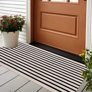 Black and White Striped Outdoor Rug Runne Layering Doormat Farmhouse Front Porch Rug Cotton Woven Washable Throw Carpet for Hallway/Front Steps/Bathroom/Kitchen/Home Entrance