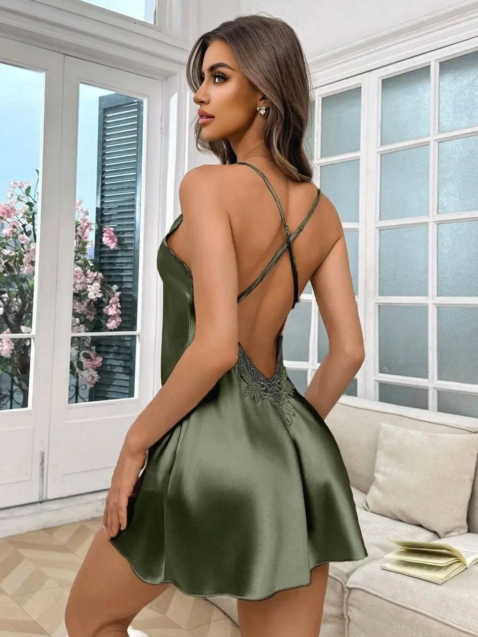 Women's Lace Trim Faux Silk Sexy Backless Criss-Cross Camisole Nightgown Satin Dress Backless Dress Party