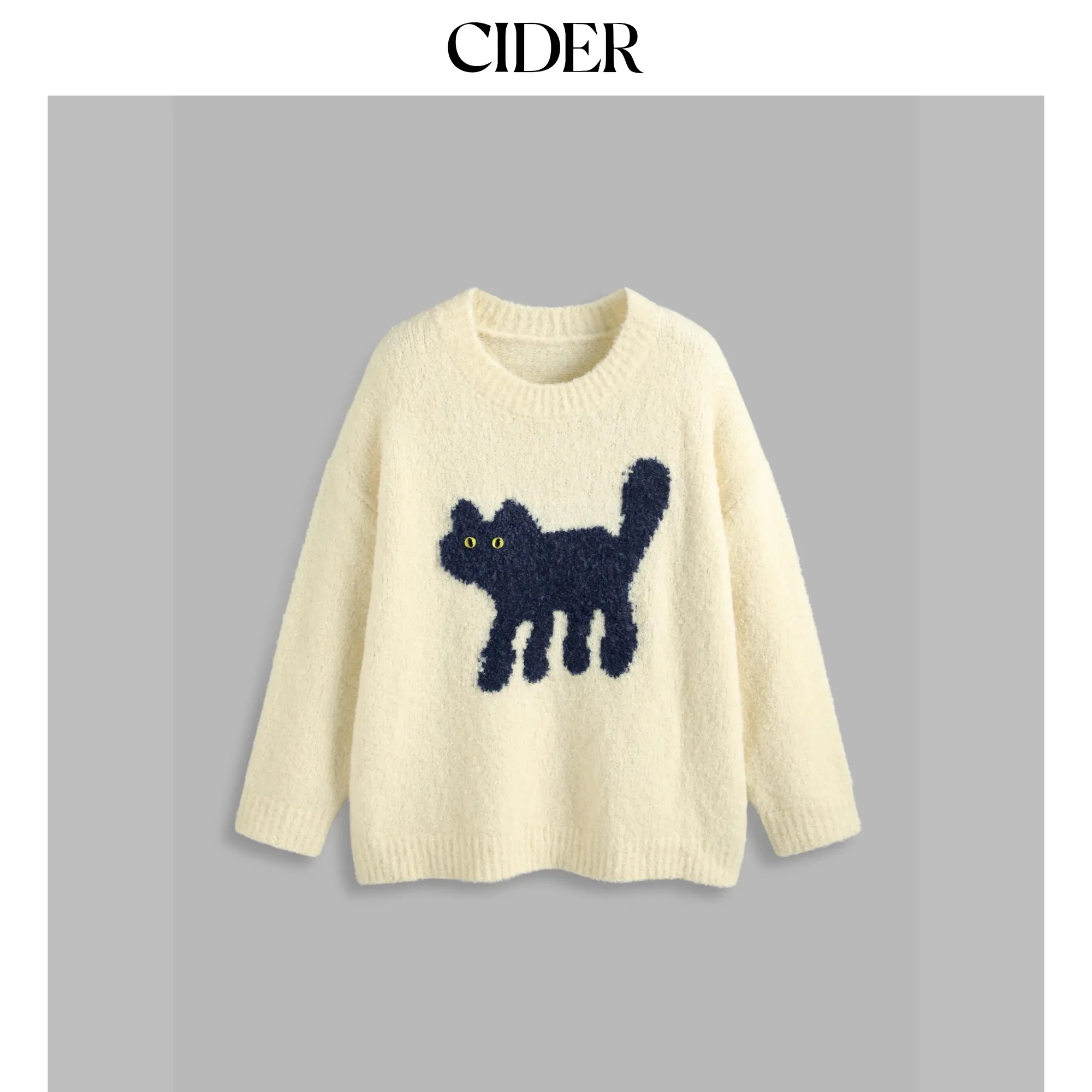 Cider Women's Curved Knitwear - Kitten Graphic Wool-Blend Round Neck Long Sleeve Casual Top, Plus Size Available