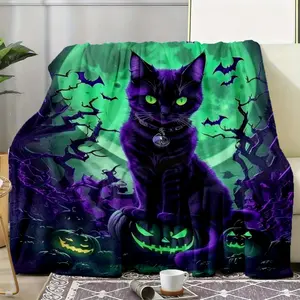 Black Cat Halloween Blanket with Pumpkin and Full Moon Design for Autumn Home Decor  Perfect Gift for Cat Lovers and Halloween Enthusiasts  Ideal for Halloween Party  Autumn Season  and Spooky Night Celebrations  Great Holiday Gift for Family and Friends