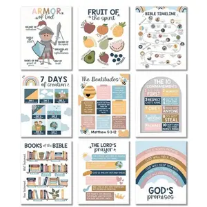Bible Poster Set of 9 - Sunday School Classroom - Features "7 Days of Creation," "The Beatitudes," "Commissions First," "God's Promises," & More