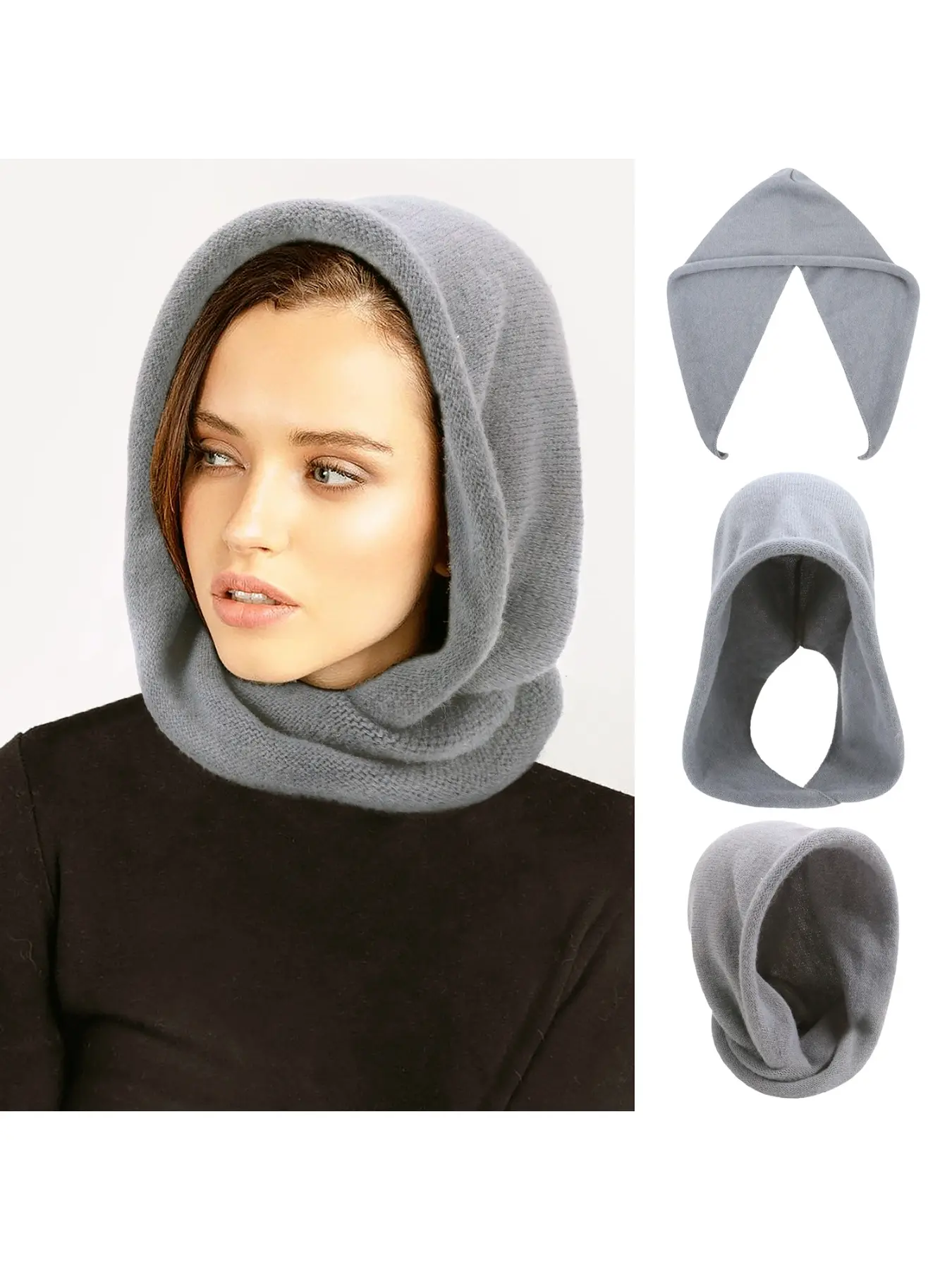Women's Solid Winter Hooded Scarf with Ear Protection, Warm Stretchy Beanie, Winter Integrated Hood Scarf