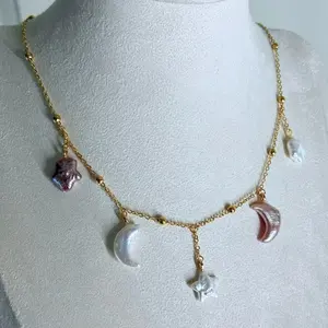 Celestial Moon & Star Pearl Necklace with Gold Chain and Moonstone Charms for Women
