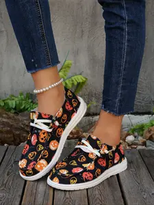 Halloween Women's Breathable Non-Slip Canvas Sneakers, Pumpkin Ghost Pattern, Round Toe, Easy Elastic Laces Closure