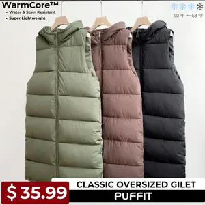 【Clearance】PUFFIT WarmCore Premium Women Warmer Oversized Hooded Long Puffer Gilet, Sleeveless Waistcoat Quilted Vest, Water Repellent Deep Pockets Style