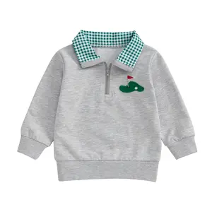 Toddler Baby Boy Golf Outfit Golf Flag/Cart Embroidery Quarter Zip Sweatshirt Plaid Lapel Long Sleeve Polo Shirt Top