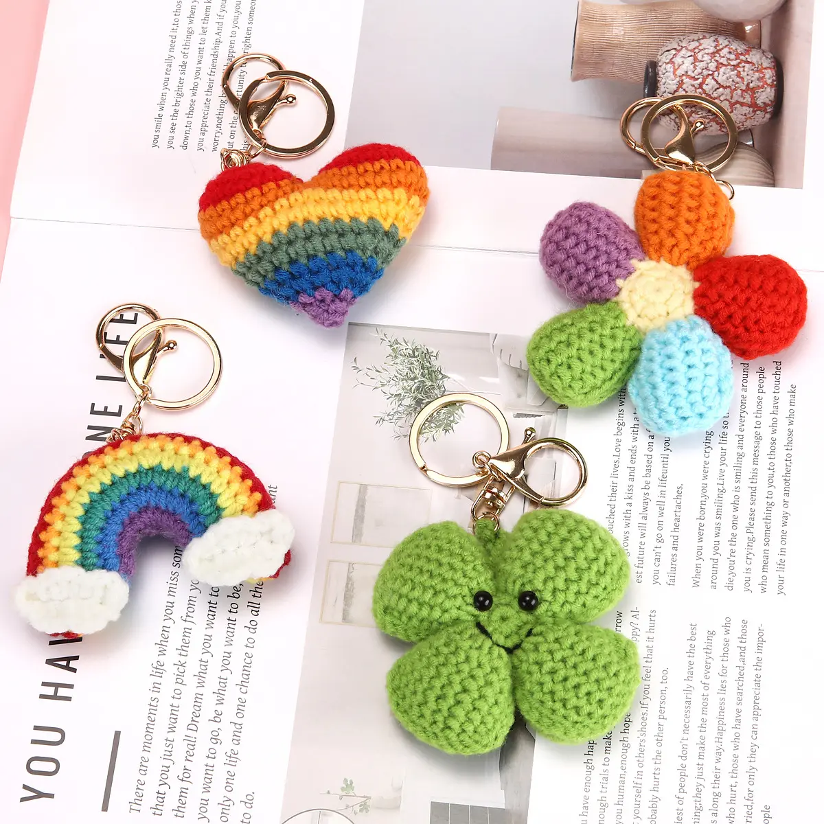 Hand Crochet Rainbow Heart Clover Keychain Charm, Viral Knitted Multicolor Flower Bag Pendant, Cute Wool Yarn Key Ring, Cottagecore Aesthetic Accessory For Backpack Purse Car Keys Handmade Friendship Gift