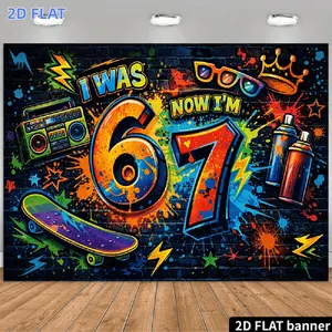 2D Flat Banner 1pc, 6 to 7 Year Old Birthday Party Backdrop, Graffiti Style Theme, Featuring "I WAS 6 NOW I'M 7" Text, Colorful Numbers 6 And 7, Golden Crown, Trophy, Spray Paint Cans, Skateboard, Lightn, Party Decorations Banners