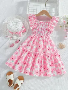 Young Girl Mexican Children's Day Sleeveless Colorful Dopamine Pink Allover Print Midi Dress, Summer Summer Holiday