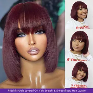 The new 2024 is a hot seller Burgundy Short Bob Wig with Bangs Human Hair 99J Wear and Go Glueless Straight Bob Wig Natural Look 4x1 HD Lace Brazilian Virgin Human Hair Wig 180 Density for Black Women