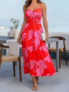 Plus Size Women's Summer Elegant Chic Floral Print Sexy Halter Long Casual Dress, Conceals Belly, Perfect for Beach Vacation Daily Wear