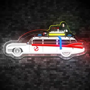 Ecto-1 Car, Ghostbusters Neon Lights, Ghost Busters/Iconic Signs, Suitable for Home Theater, Game Room, Men's Cave Decoration, Fans' Gifts (14.56*6.5inches)