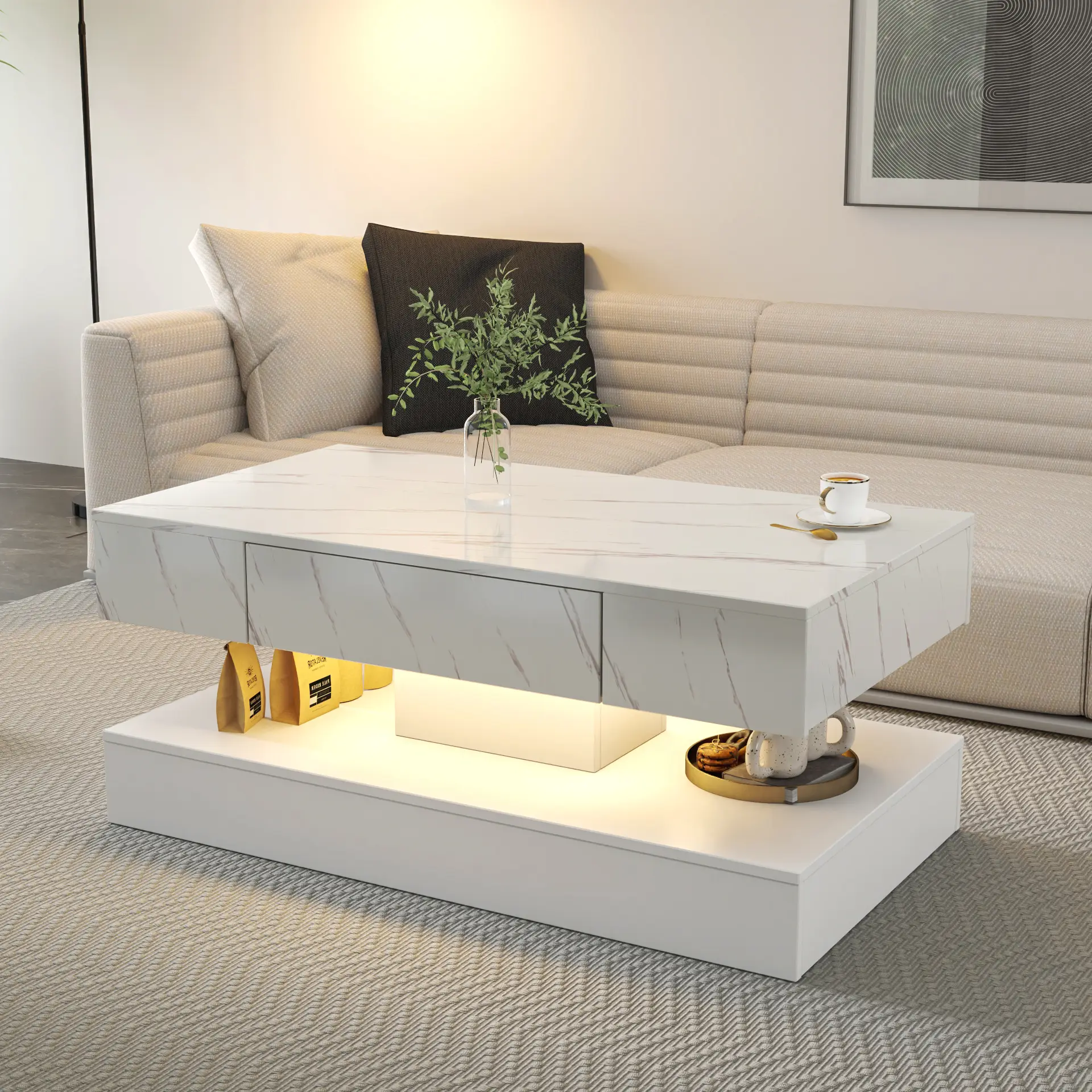 Modern LED Coffee Table with Built-in Lighting & Storage - 16.9" Adjustable Height Contemporary Design for Living Room, Home Office & Compact Spaces Marble Top