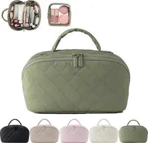 Valentine's Day | Large Capacity Travel Makeup Bag for Women - One Bag to Hold All Your Skincare and Makeup Cosmetics, 180° Lay Flat Puffy Cosmetic Organizer with 5 Compartments, Machine Washable, Ideal Gift for Her