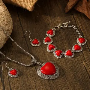 Bohemian Ethnic Vintage Style Turquoise Jewelry Set With 4 Pieces Including Necklace, Earrings, And Bracelet