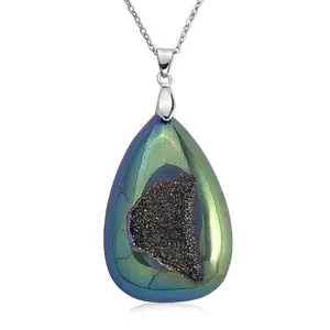 Green Mystic Druzy Quartz 70.00 ctw Pendant in Silvertone with Stainless Steel Necklace 20-22 Inches