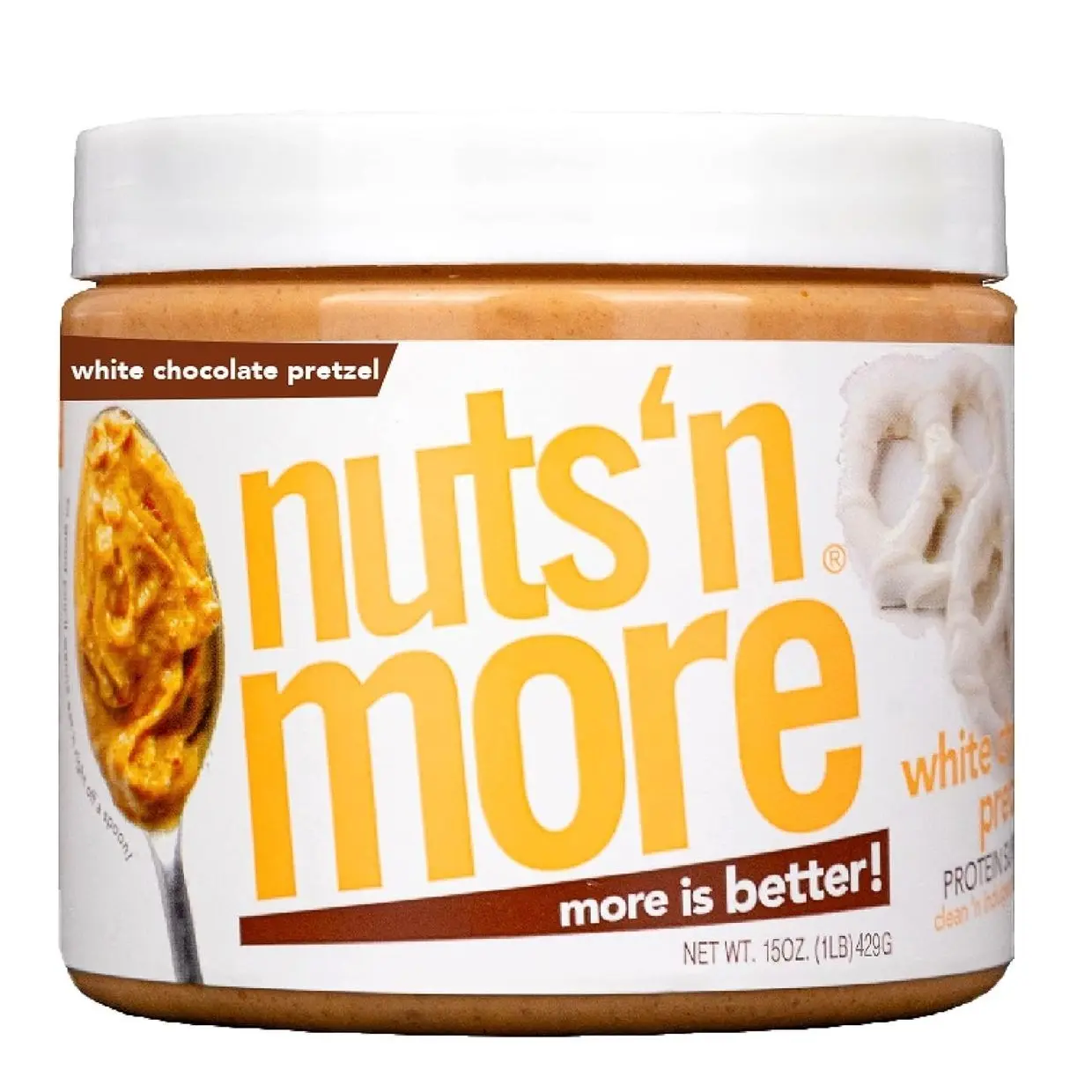 Nuts ‘N More White Chocolate Pretzel Peanut Butter Spread - High Protein, Low Carb, Low Sugar, Gluten Free, Non-GMO, All-Natural Nut Butter Snack (15oz Jar)