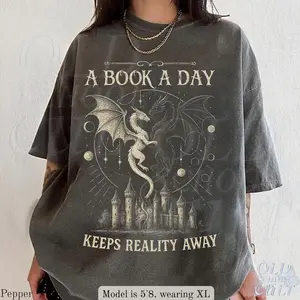 Comfort Colors A Book A Day Keeps Reality Away Shirt, Dragon Fantasy Graphic Tee, Gothic Grunge Castle Top, Reader Gift