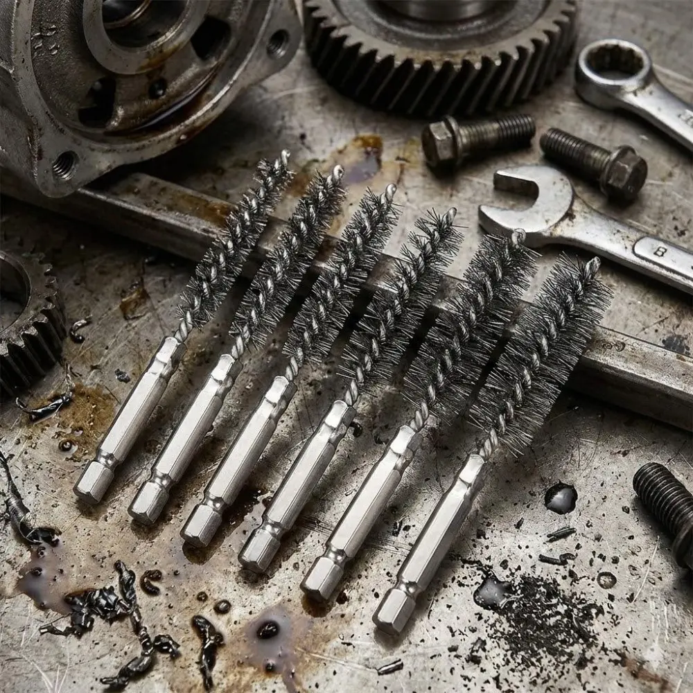 Heavy-Duty Stainless Steel Drill Brush Set - 6PC Rust Removal and Polishing Tools for Power Tools, Ideal for Auto Repair and Industrial Use, Durable Detachable Brush Heads with Non-Slip Grip