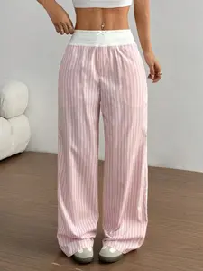 Women's Multicolor Striped Colorblock Wide Leg Pants, Button Front Loose Casual Trousers, Sweet Outerwear Home Long Pants, Spring