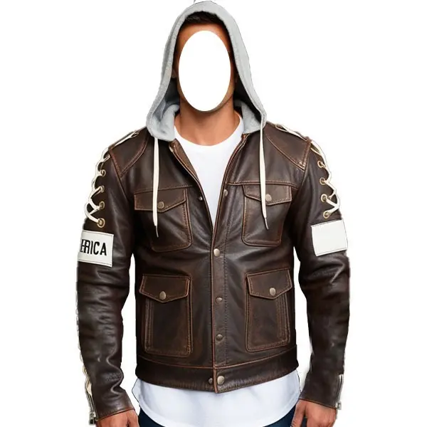 Men’s Vintage Brown Leather Lace-Up Jacket with Hood – Americana Edition