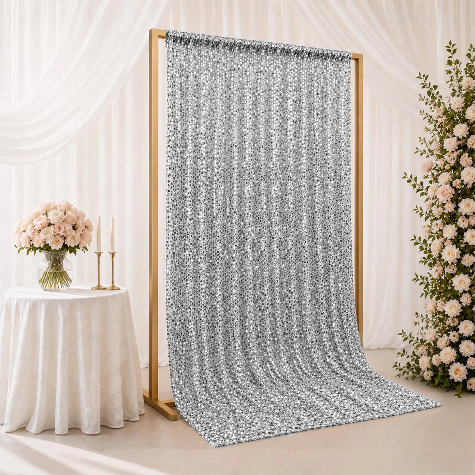 Silver Large Payette Sequin Backdrop Curtain 5ft x 12ft - Big Round Sequin Event Photography Panel with Rod Pocket
