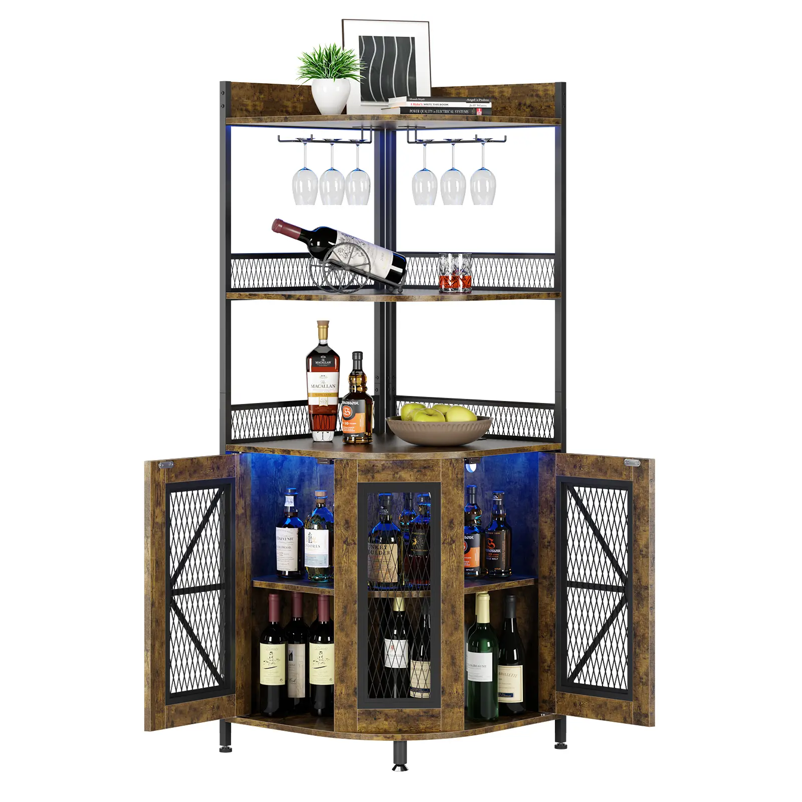 64" Tall Corner Bar Cabinet with LED Strip, 5-Tiers Industrial Bar Cabinet with Power Outlet and Glass Holder, Wine Cabinet for Home Bar, Display Cabinet for Small Space