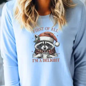 Comfy "I'm A Delight" Christmas Raccoon Crewneck Gildan Sweatshirt, Funny Raccoon Sweatshirts, Festive Holiday Shirts, Classic Fit Unisex Hoodie Cotton Fabric Womenswear Fashion
