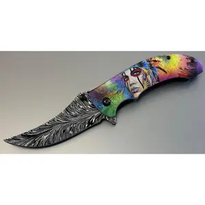Full Size Folding Pocket Knife Native Rainbow Queen Feather Design Blade 4.5” Belt Clip