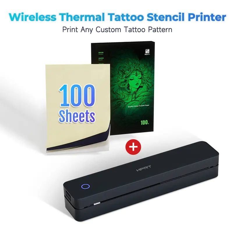 HPRT Tattoo Stencil Thermal Transfer Printer - Wireless Portable Computers & Office Label Printer, 100 Sheets Included, Compatible with Phone, Tablet & PC, Instant Tattoo Design Printing, Tattoo Machines