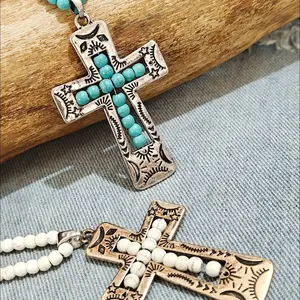 Vintage-Style Women's Turquoise Cross Pendant Necklace, Unique Design, Suitable For Daily Wear - BlueStar