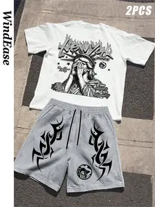 Gothic Style Tee & Shorts Set, Gothic T-Shirt + Tribal Print Shorts, Summer Breathable Casual Wear, Streetwear Fashion