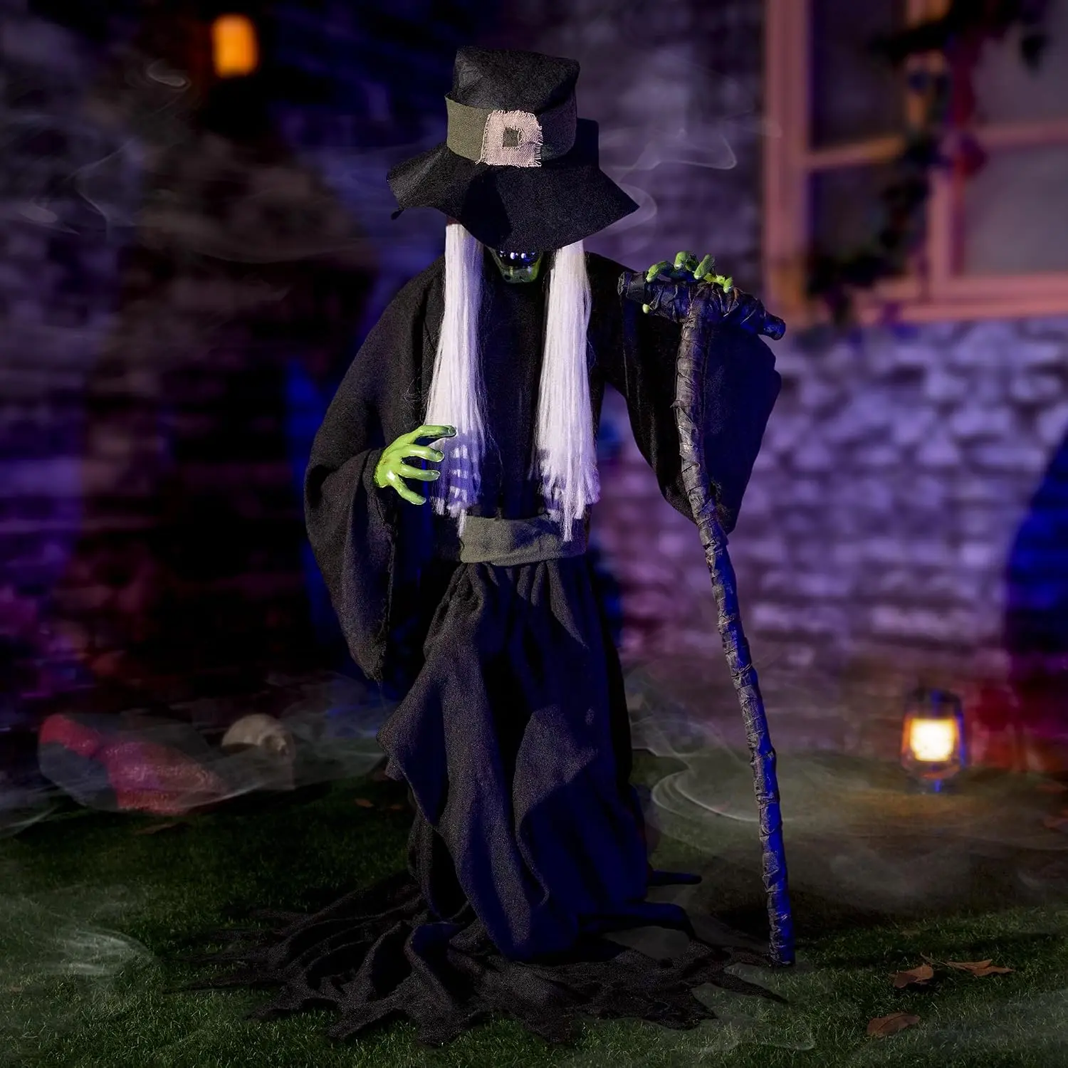 Traditional Halloween Animatronic Jump-Scare Witch Decoration - Hat-Included, Sound-Activated, Red Eyes, Spooky Sounds, Indoor/Outdoor Haunted House Prop