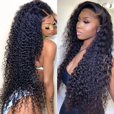 Women's Brazilian 180 Density Human Hair Lace Frontal Wig - 13x4/13x6 Pre-Plucked Kinky Curly/Deep Wave Humanhair Wig, 12-36in (22in Available), Natural Color Fashion Hair Accessory (Length 12 Inch Option Included)