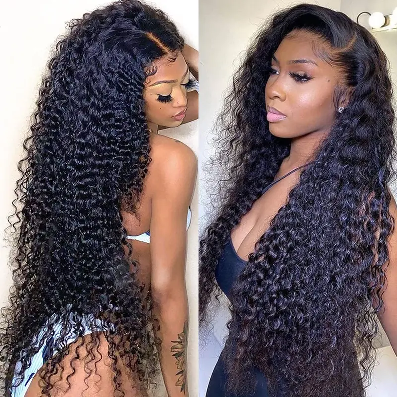 Women's Brazilian 180 Density Human Hair Lace Frontal Wig - 13x4/13x6 Pre-Plucked Kinky Curly/Deep Wave Humanhair Wig, 12-36in (22in Available), Natural Color Fashion Hair Accessory (Length 12 Inch Option Included)