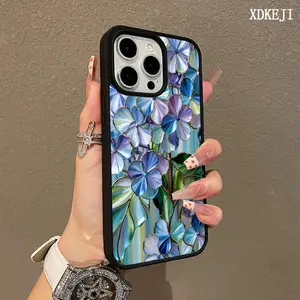 Blue Hydrangea Stained Glass Floral Pattern Premium Magnetic Phone Cases for iPhone 17 Air 16 15 14 Pro Max 13 12 11 Plus Smartphone Shockproof Protection Acrylic Cover Cellphone Protective magsafe magnetic case Resistance Casing