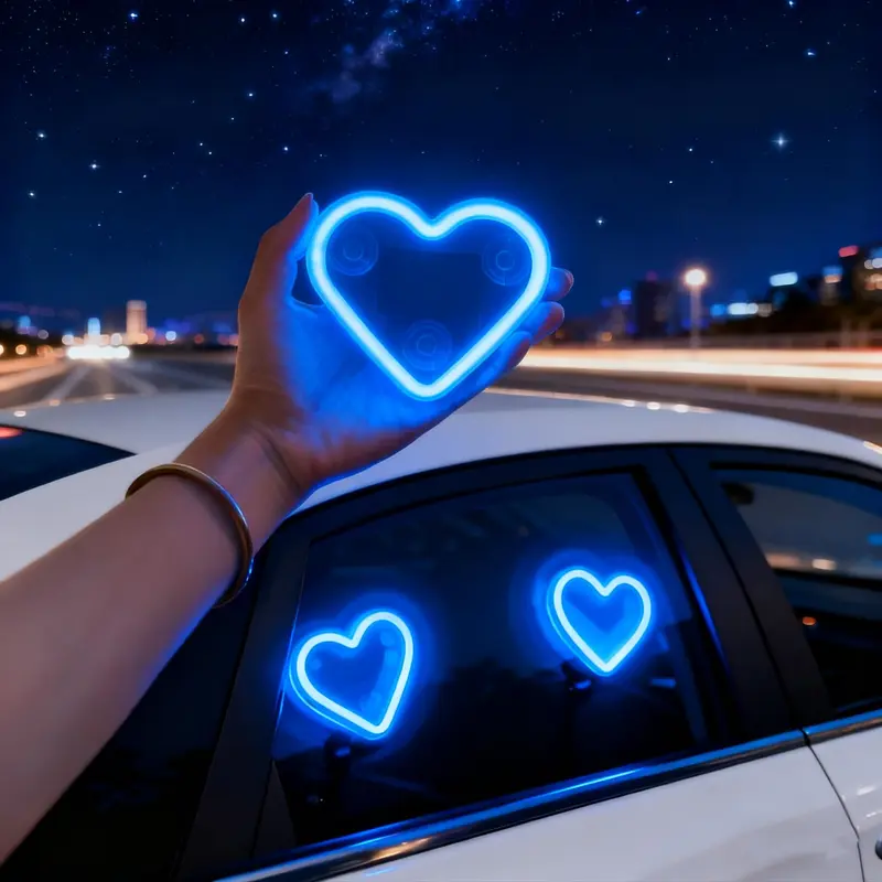 2PCS-Solar Powered Wireless LED Heart Shape C-Pillar Neon Light Eco-Friendly Modern Stylish Look for Car Interior Decor 9.57mm x 8.42mm x 15.36mm