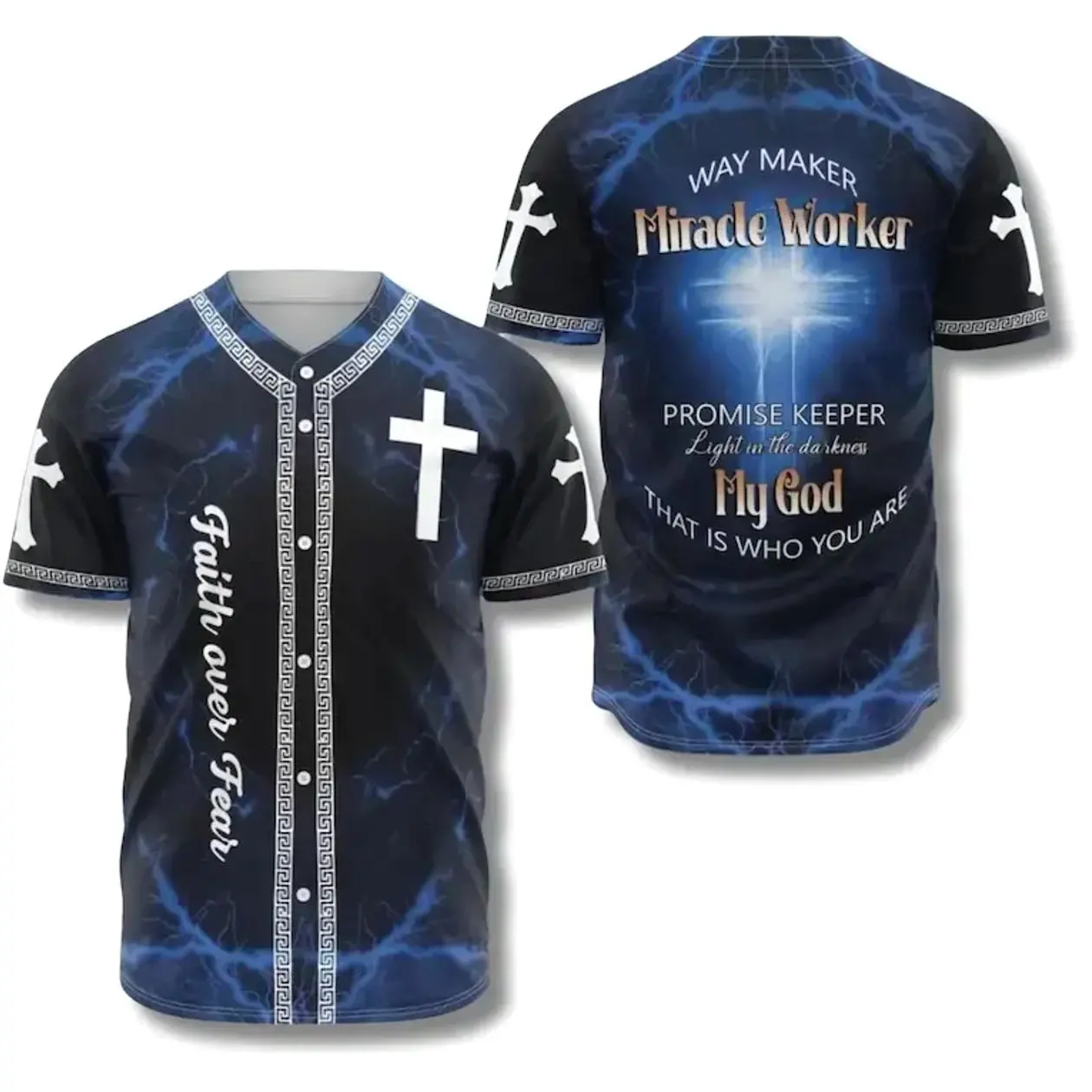 Jesus Faith Over Fear Baseball Jersey Shirt 3D Printed Christian Cross Design