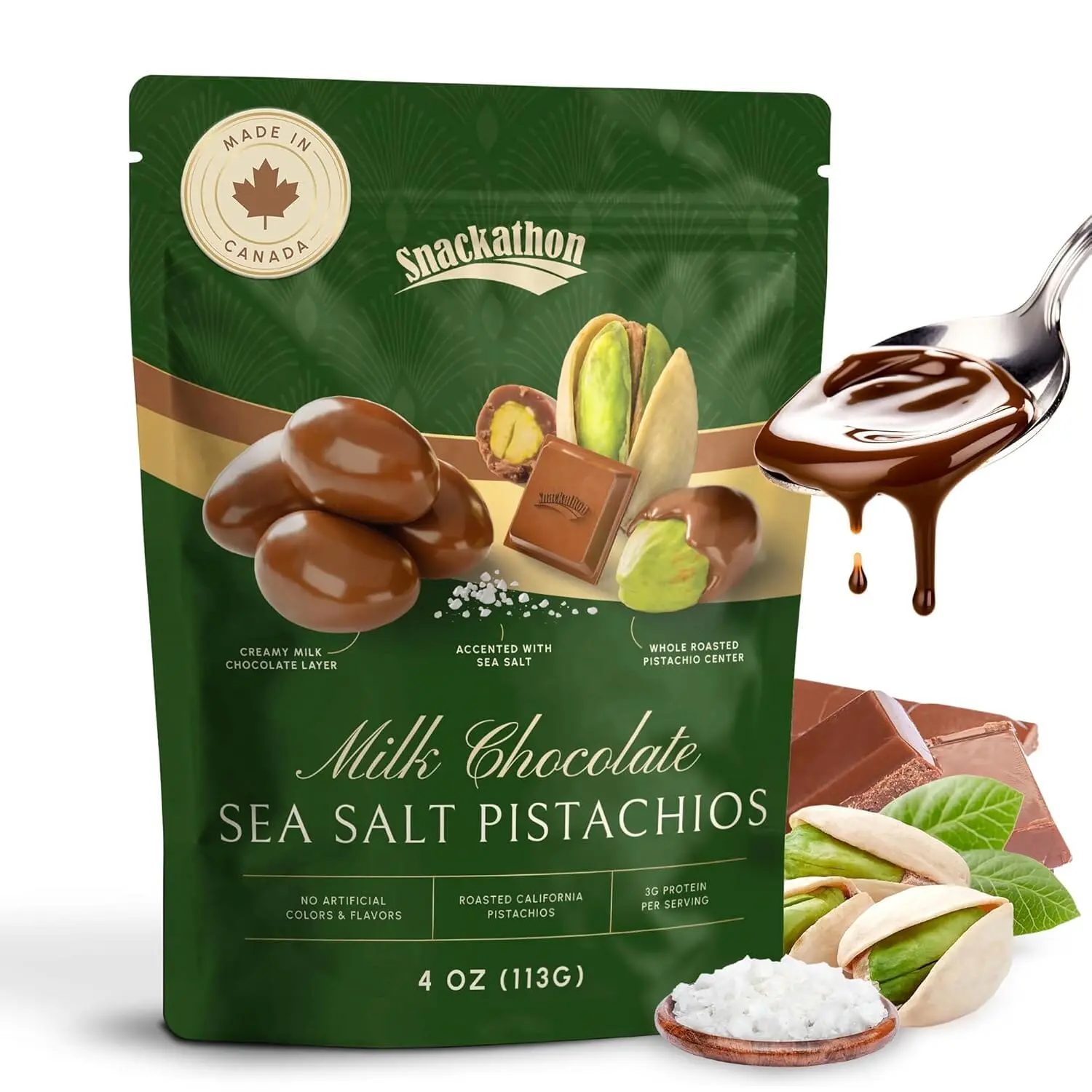 Snackathon Milk Chocolate Covered Pistachios with Sea Salt, Creamy Pistachio Milk Chocolate Indulgence, Sweet and Salty Gourmet Nut Treat, Resealable Snack Bag, Perfect Snack Pack Size