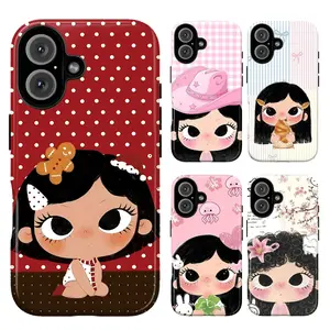 Cute Cartoon Girl Phone Case  Polka Dot & Floral Print Protective Case Compatible for iPhone 17 Promax 16 15 14 13 12 11 and for Samsung S21-S25 Best Gift for Her