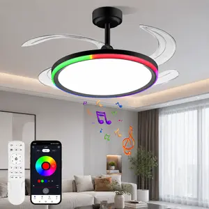 【Deals For You Days Sale】SUPERSHINX 42-Inch Slim Retractable Ceiling Fan with RGB Lighting Speaker, Remote & APP Control, 6-Speed, Dimmable, Reversible, Memory Function, Adjustable Settings, Modern Silent Energy-Efficient Fan for Bedroom, Living Room