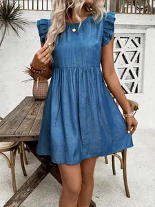 Solid Color Ruffled Hem Round Neck Dress for Women - Casual Vacation Beach Outfits - Womenswear