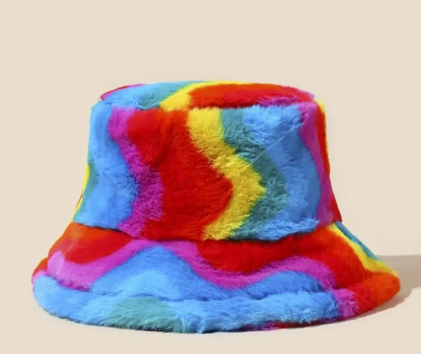Furry Rainbow Bucket Hat, Pride Month, Festival, Rave, Parade, Gay, Beach, Vacation, Lake, Party, Kawaii, Graphic, Tie Dye, Funky, Retro, VintageGifts for Her, Birthday, Kids, Christmas, Summer, Fun, Funny, Outfits, Clothing Accessories