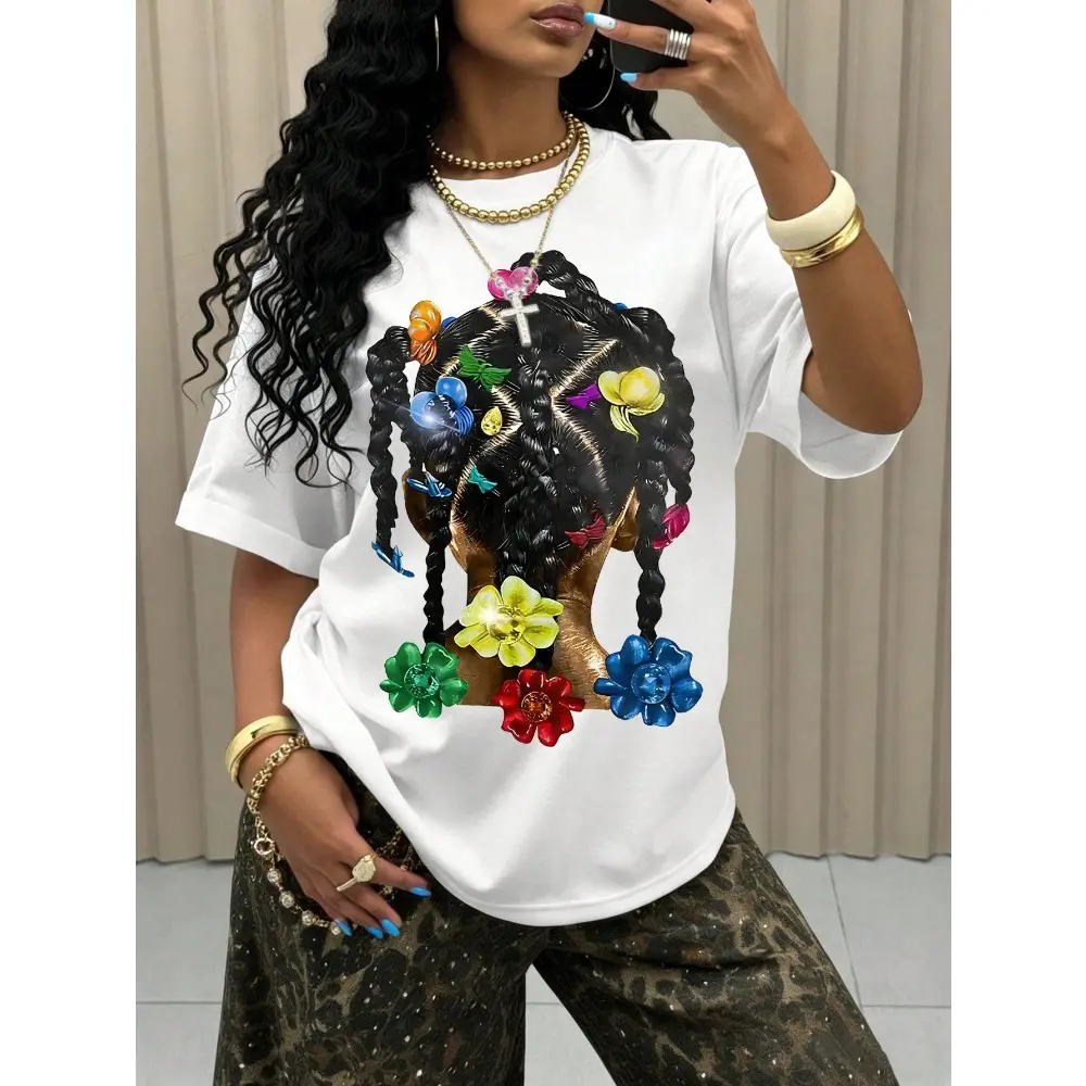 Women's Braided Print T-Shirt, Casual Short Sleeve Top in Breathable 100% Cotton Fabric, Colorful Street Style for Everyday Fits