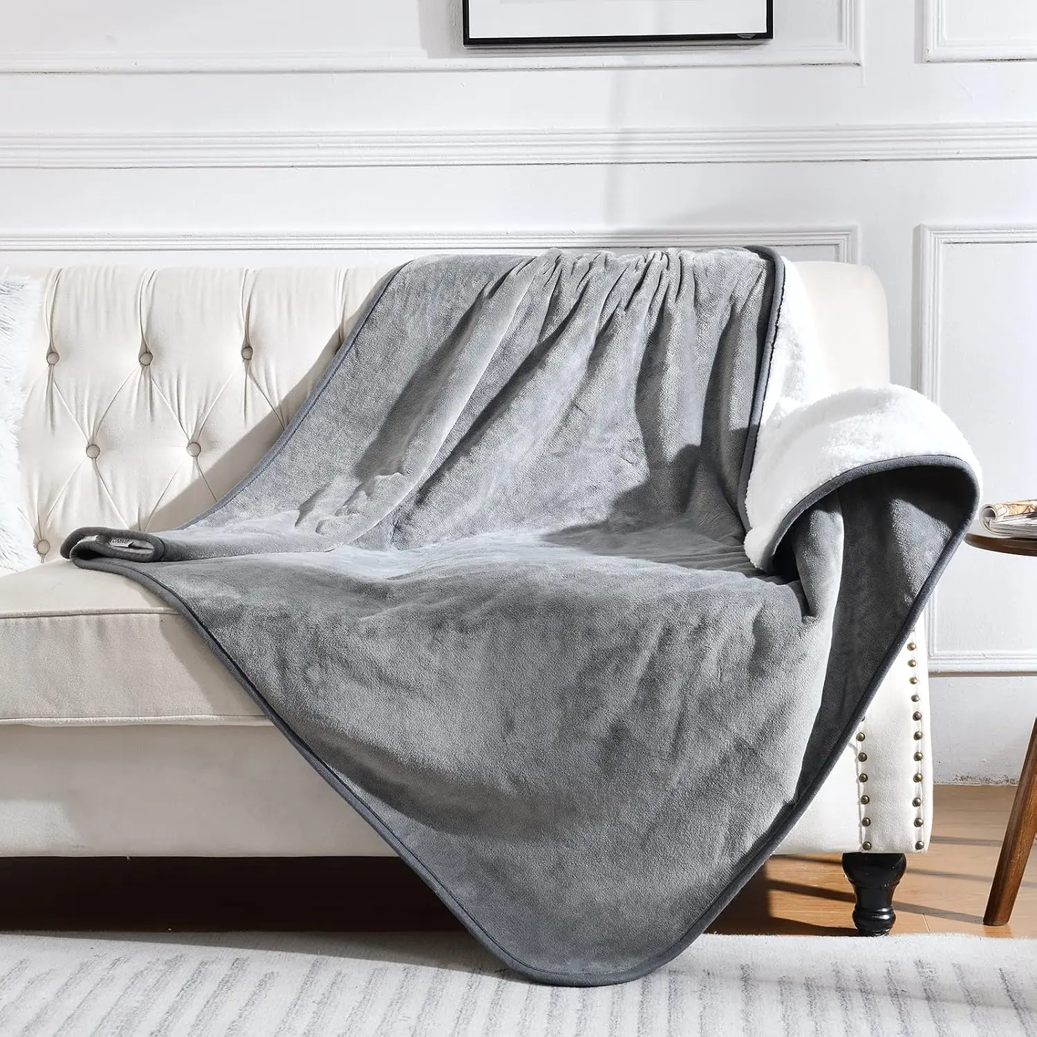 Waterproof Reversible Sherpa Fleece Furniture Protector Blanket, 50x60 inches Grey Soft Pee-Proof Cover for Bed Couch Sofa, Pet Blanket for Dogs/Cats