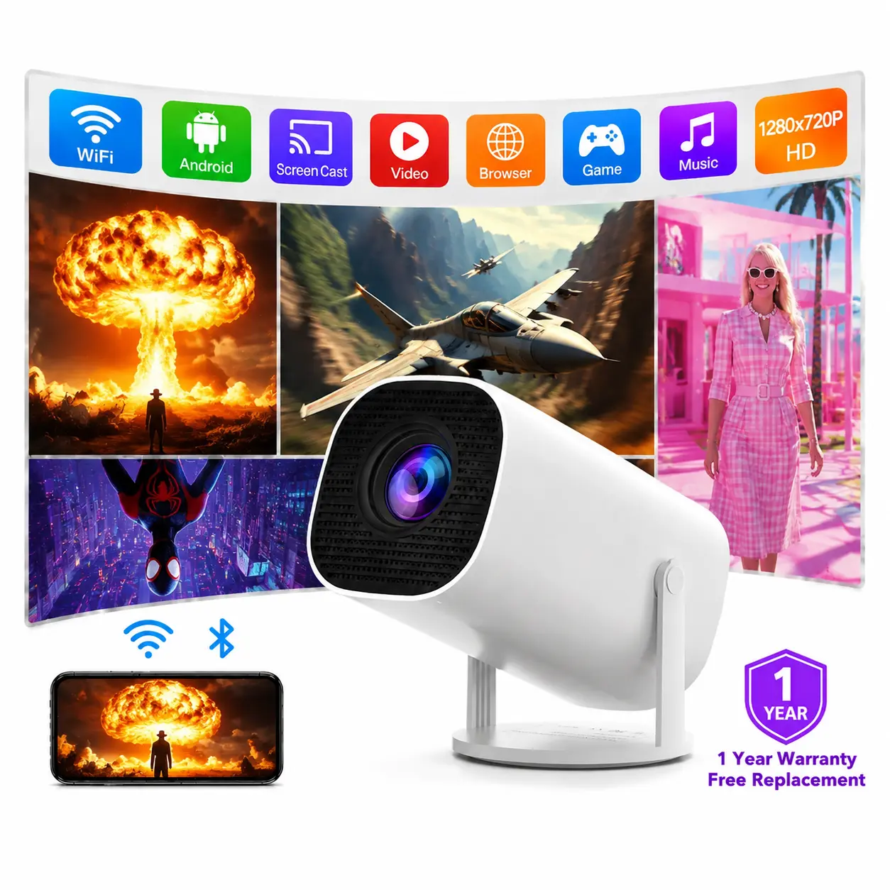 Short Throw Projector 350ANSI 720P | 0.8:1 130" Screen from Small Space | Auto Keystone for Bedroom & Dorm | SummerWins